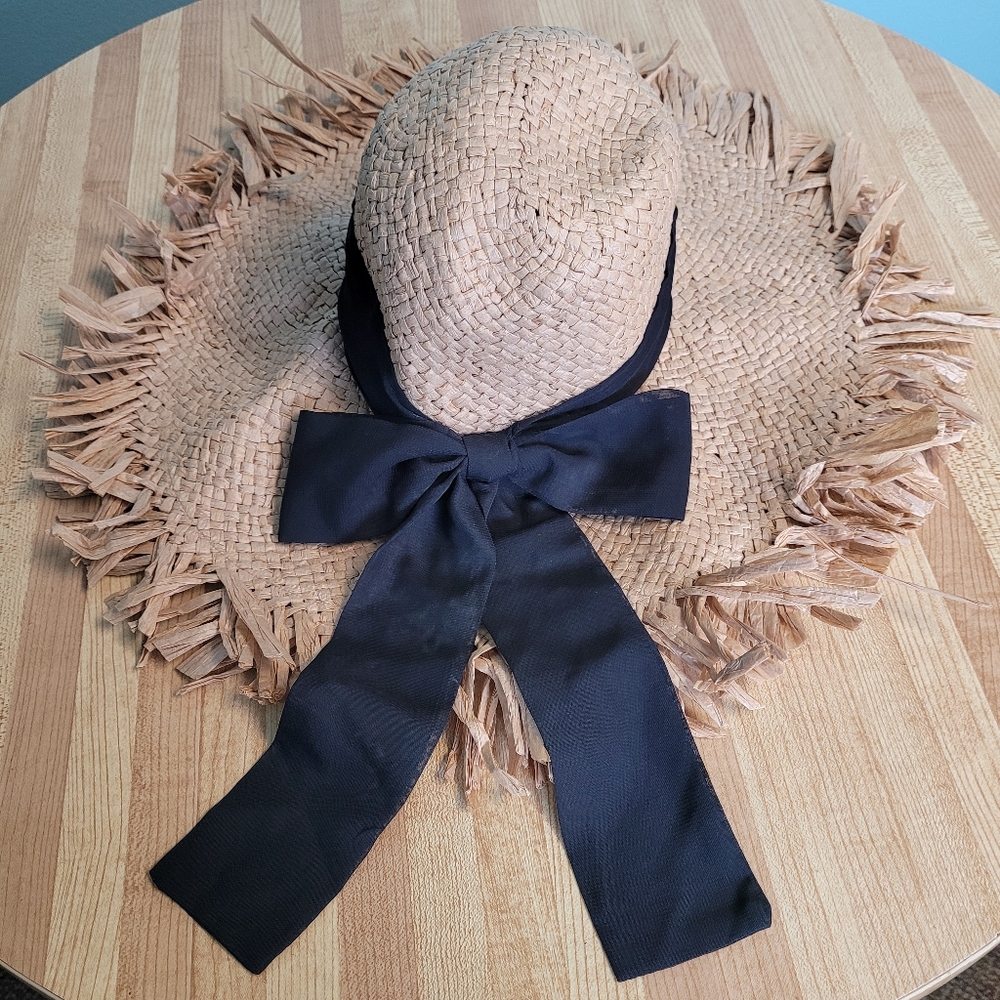 VENUS Raffia Tan w/ Black Bow Fringed Large Brim Sun Hat